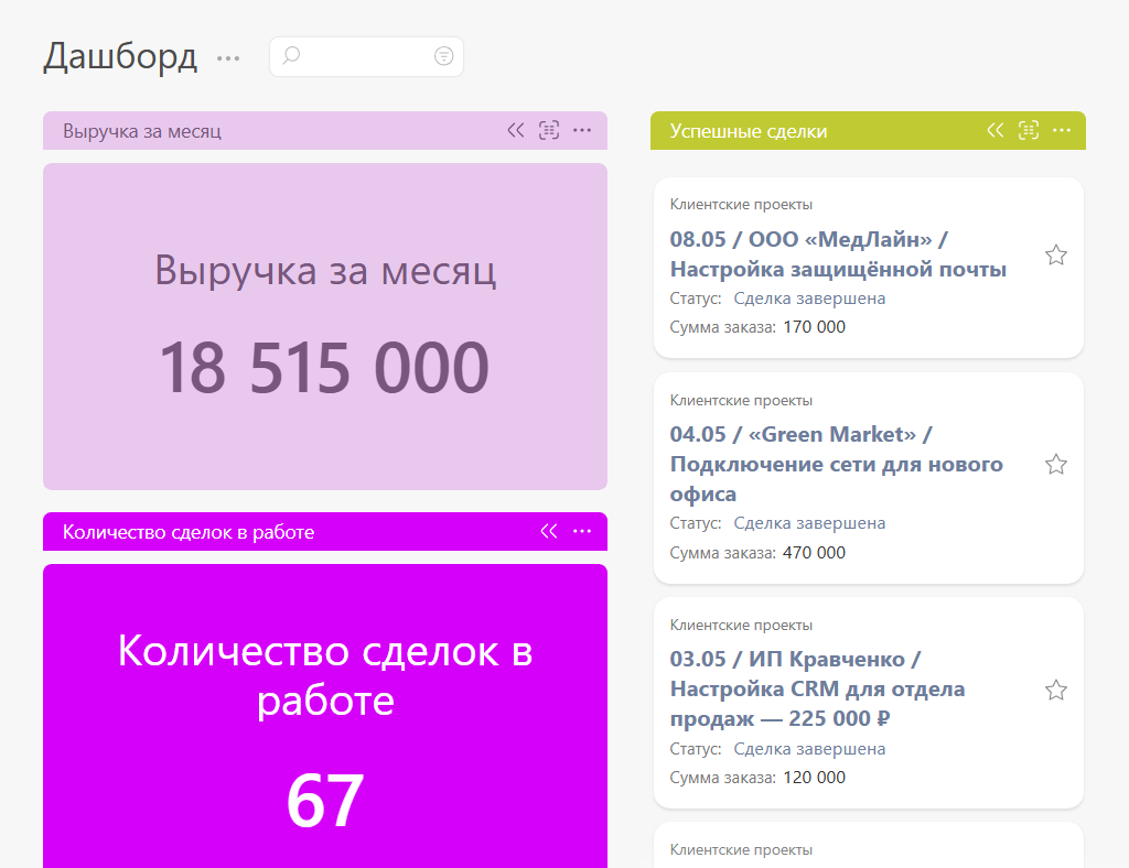 Пример виджета "Крупное число" по выручке за месяц и количеству сделок в работе