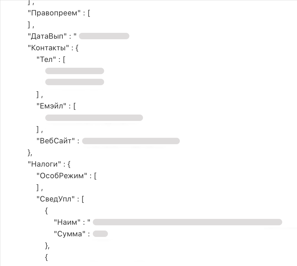 Блок «Контакты» в ответе.